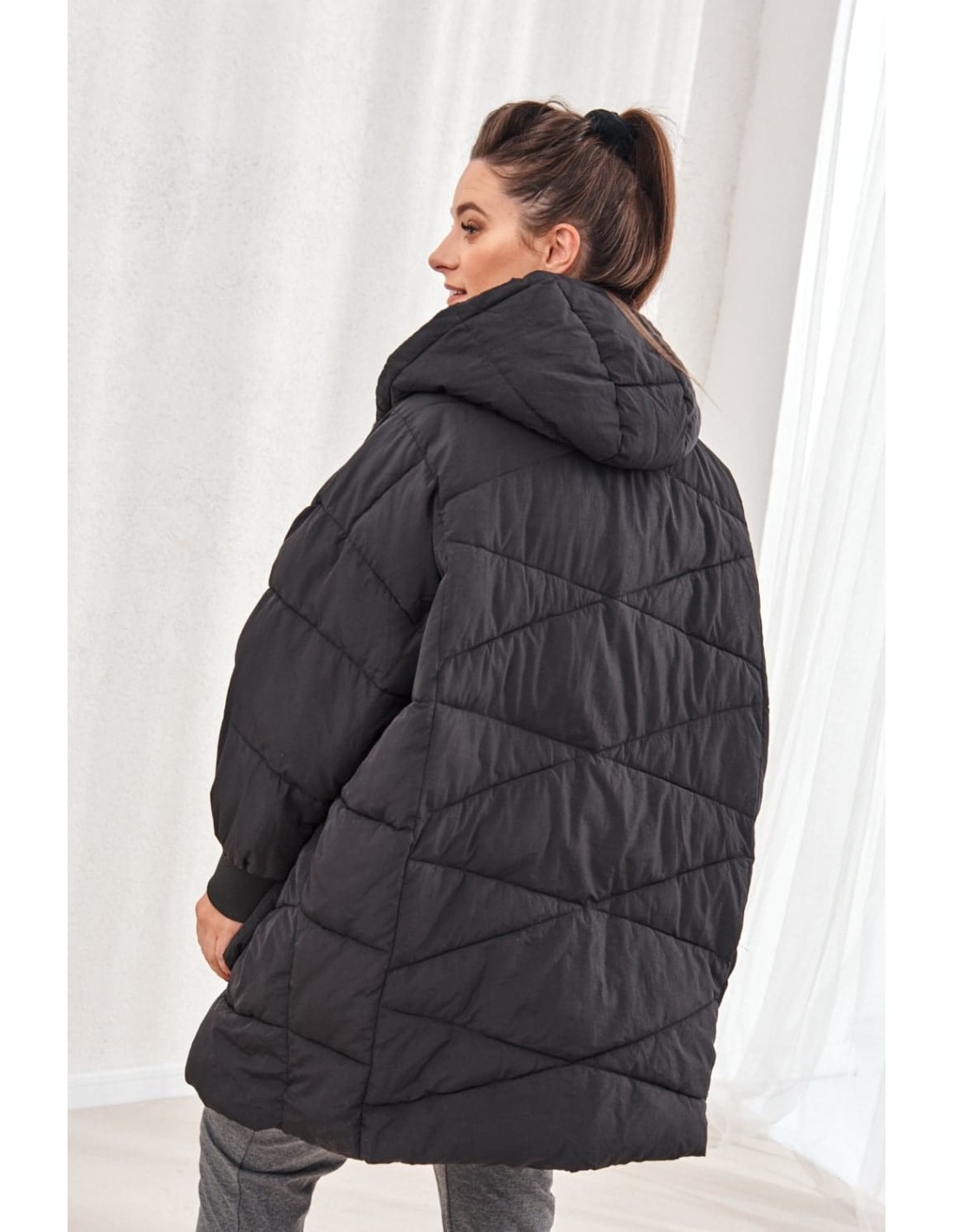 Geaca oversize calduroasa cu gluga, neagra 1537 - Magazin online - Boutique